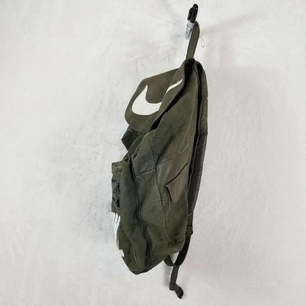 VTG‎ Nike Leather Backpack Olive Green Rucksack Swoosh Logo Bag